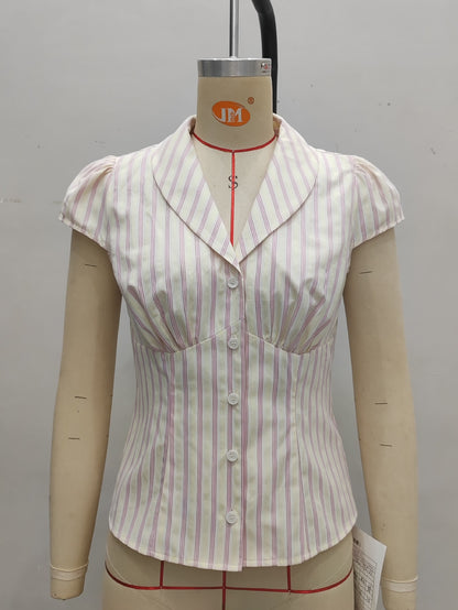 pleated striped buttoned short sleeve shirt