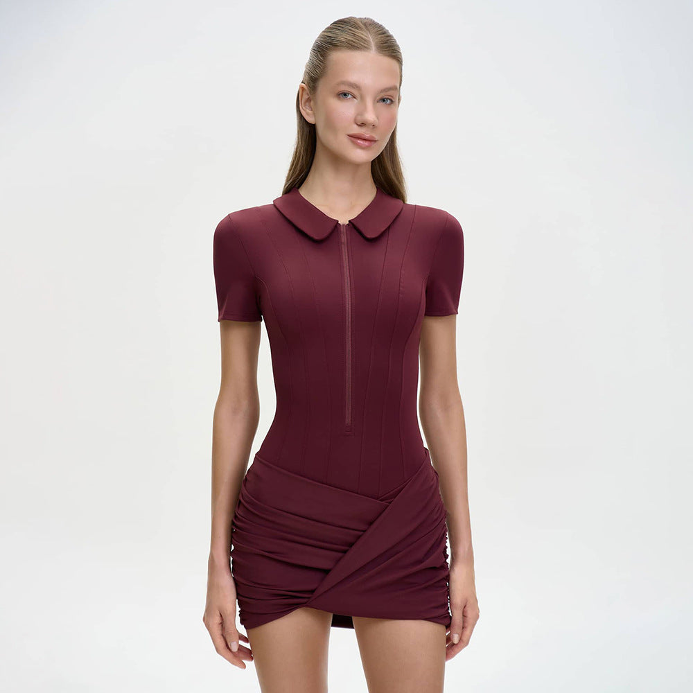 red wine POLO collar slim buttocks coverall