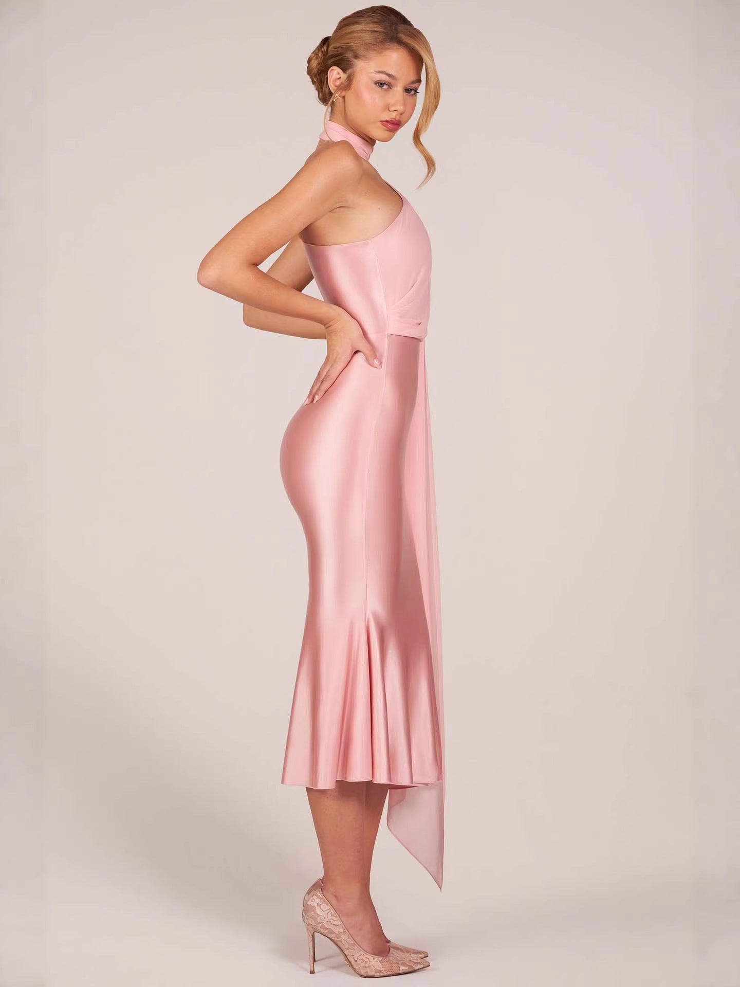 pink halterneck satin bread streamer dress