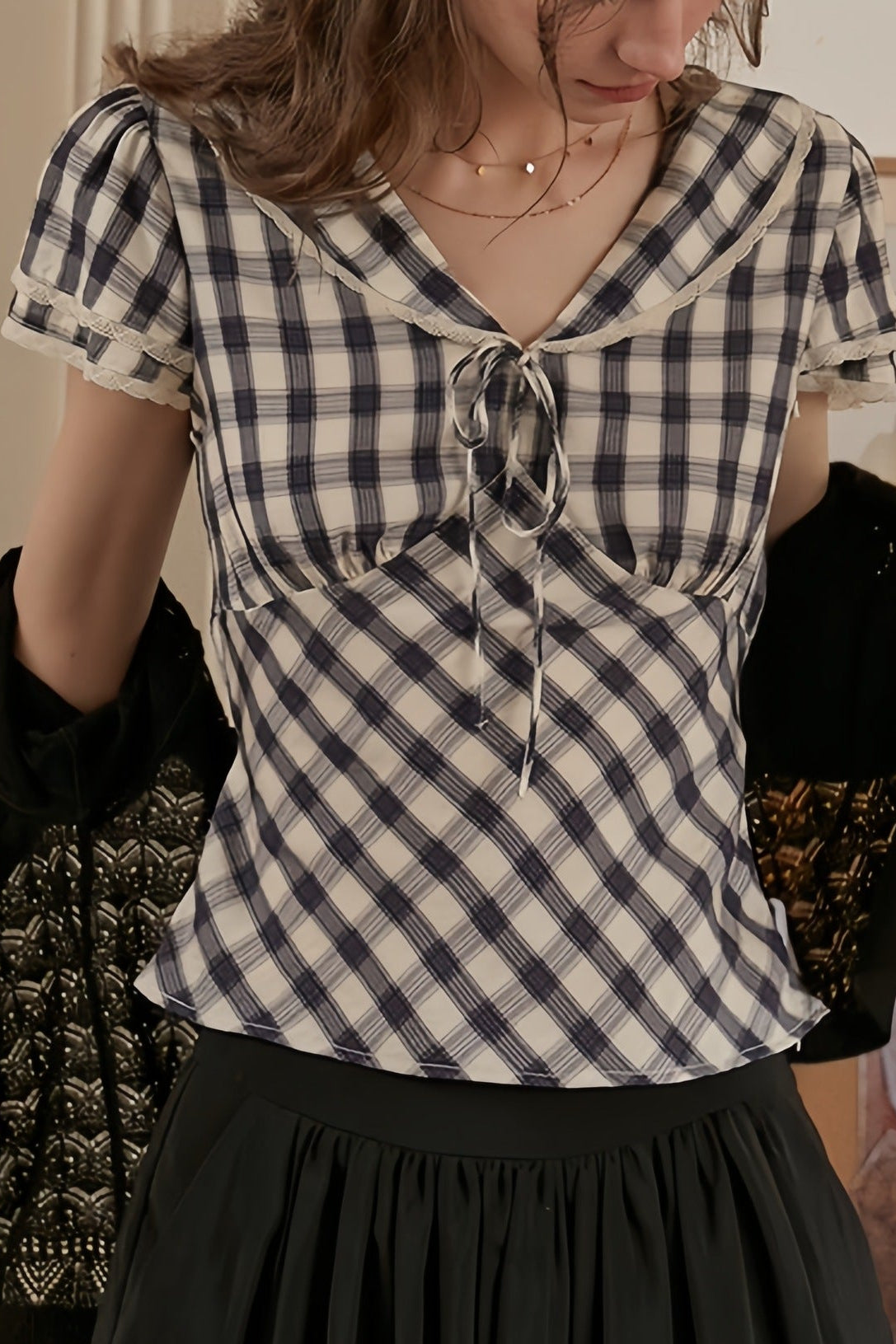 Lace Navy Collar Check Shirt