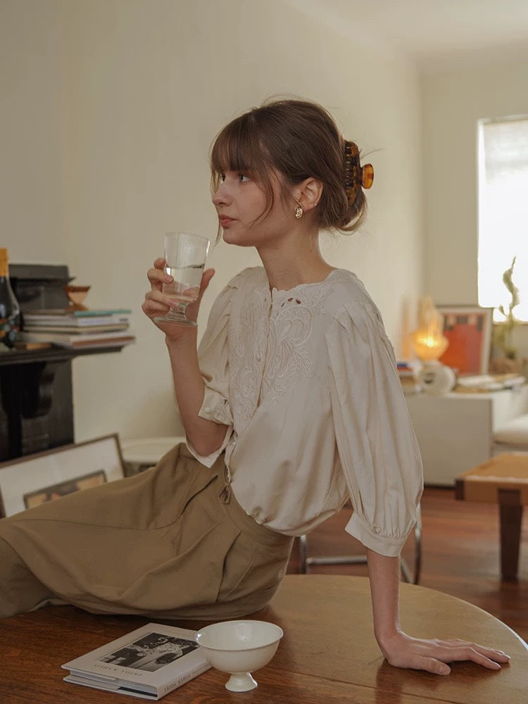 white embroidered cut-out  crew neck lantern sleeve shirt