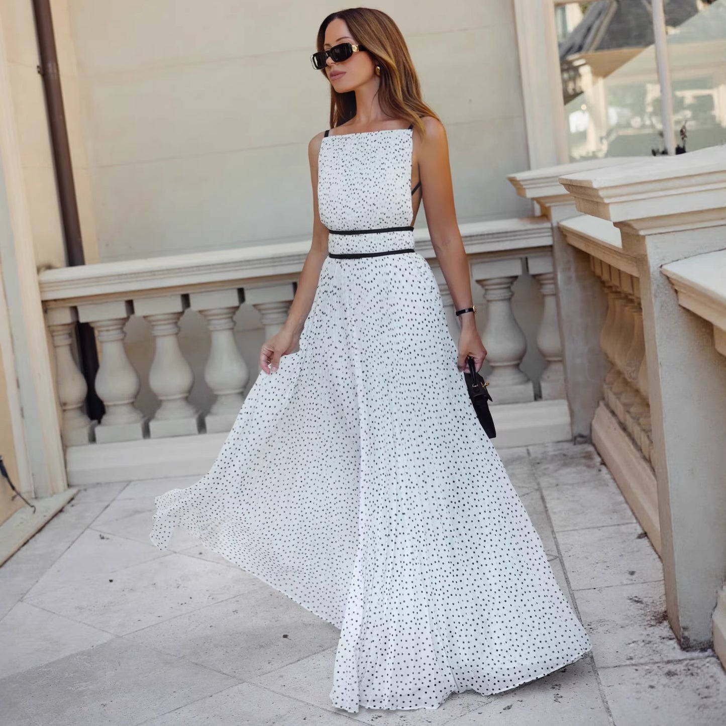 polka dot pleated cinched backless slip dress