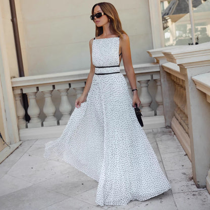 polka dot pleated cinched backless slip dress