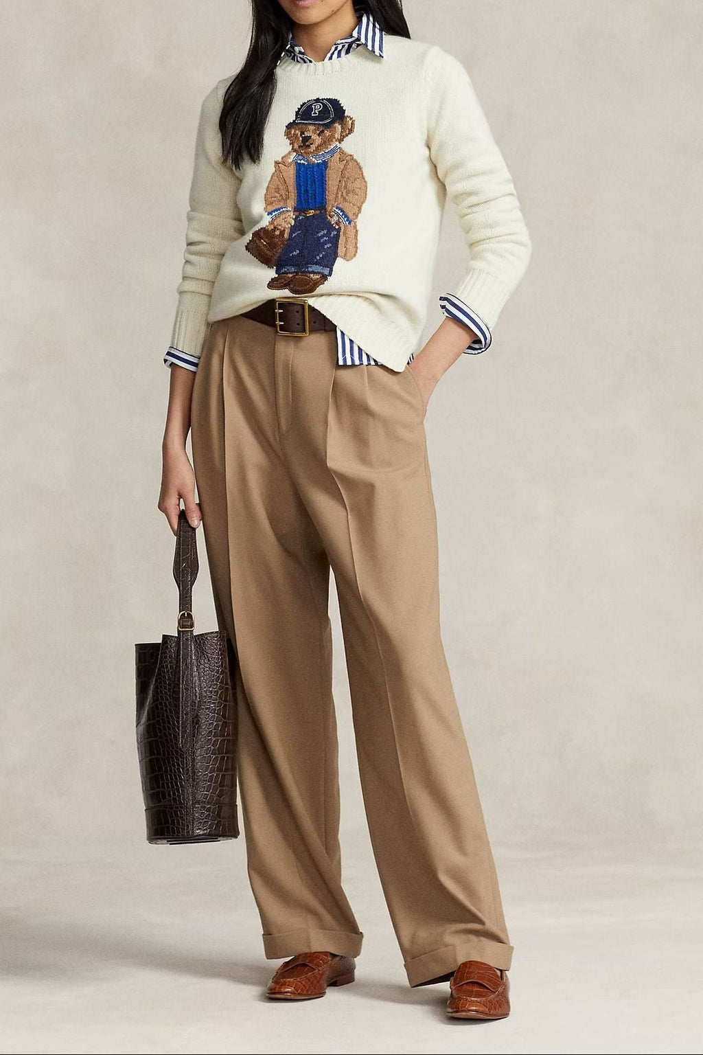 bear embroidered knitted sweater in ivory