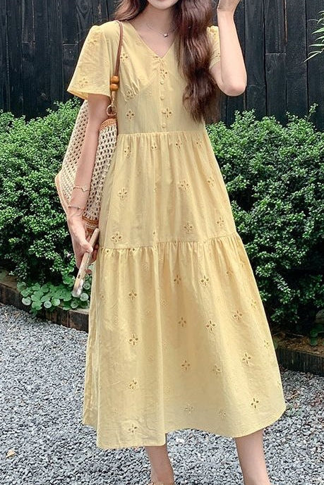 v-neck openwork floral embroidered midi dress - Yellow