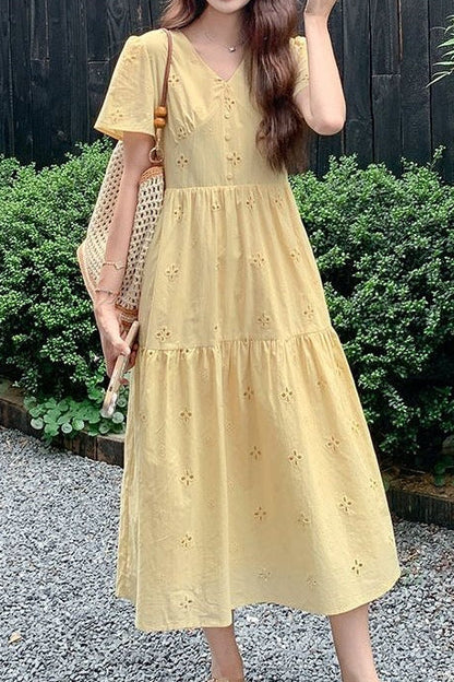 v-neck openwork floral embroidered midi dress - Yellow