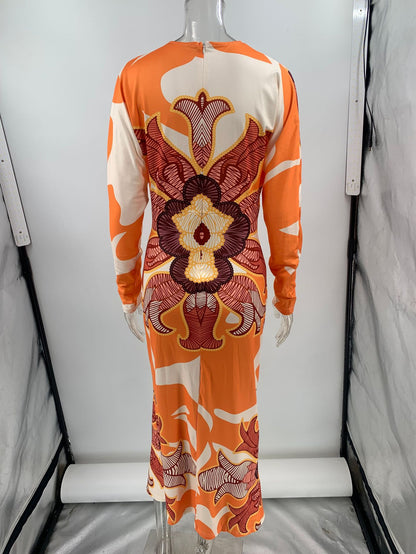 orange print V-neck long sleeve slit dress