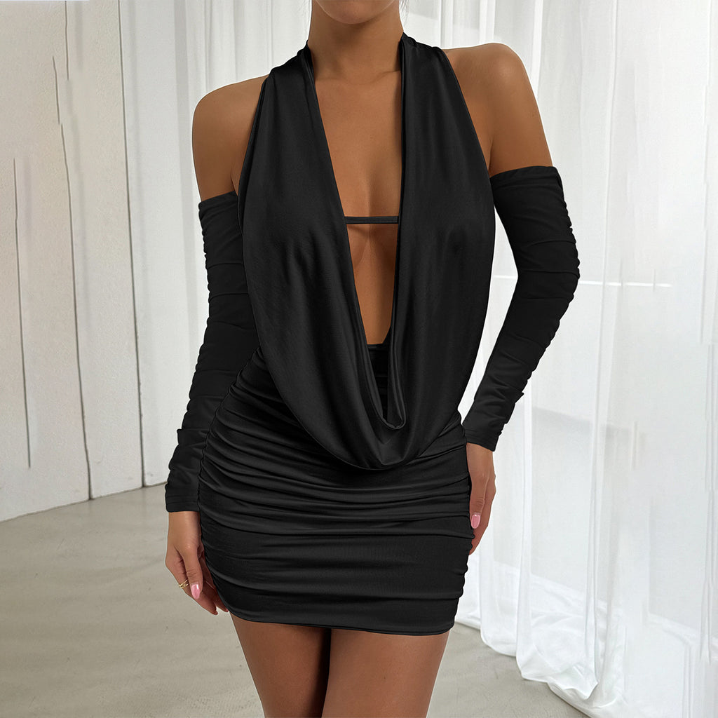 Backless long-sleeved deep V halter neck pleated bodycon mini dress