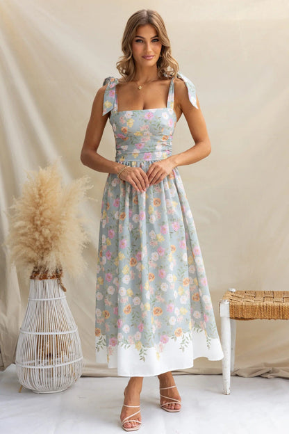 French-style floral color-blocked sundress