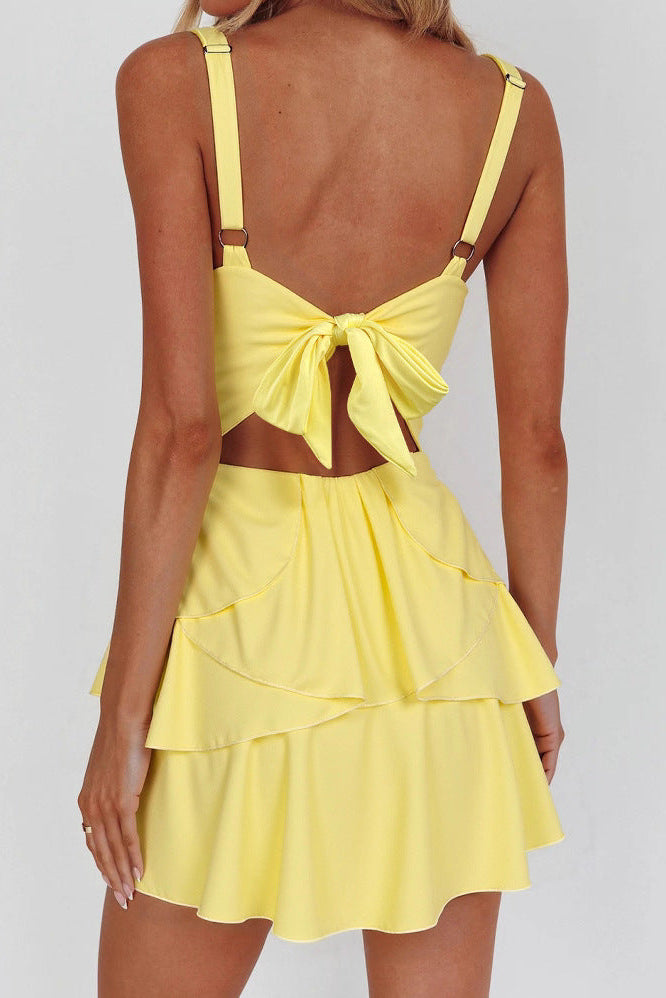 Yellow Backless Mini Dress - Deep V-Neck Strappy Party Dress