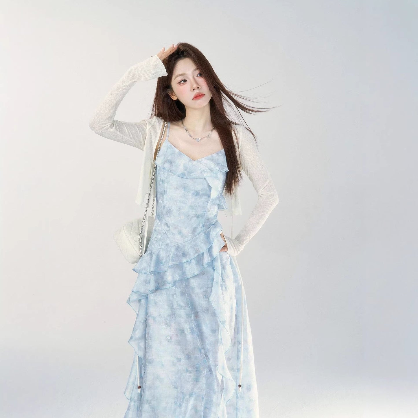 floral print ruffle trim slip maxi dress - blue