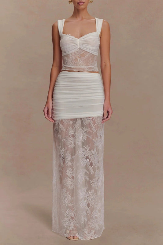 white lace suit skirt  see-through top skirt two-piece set
