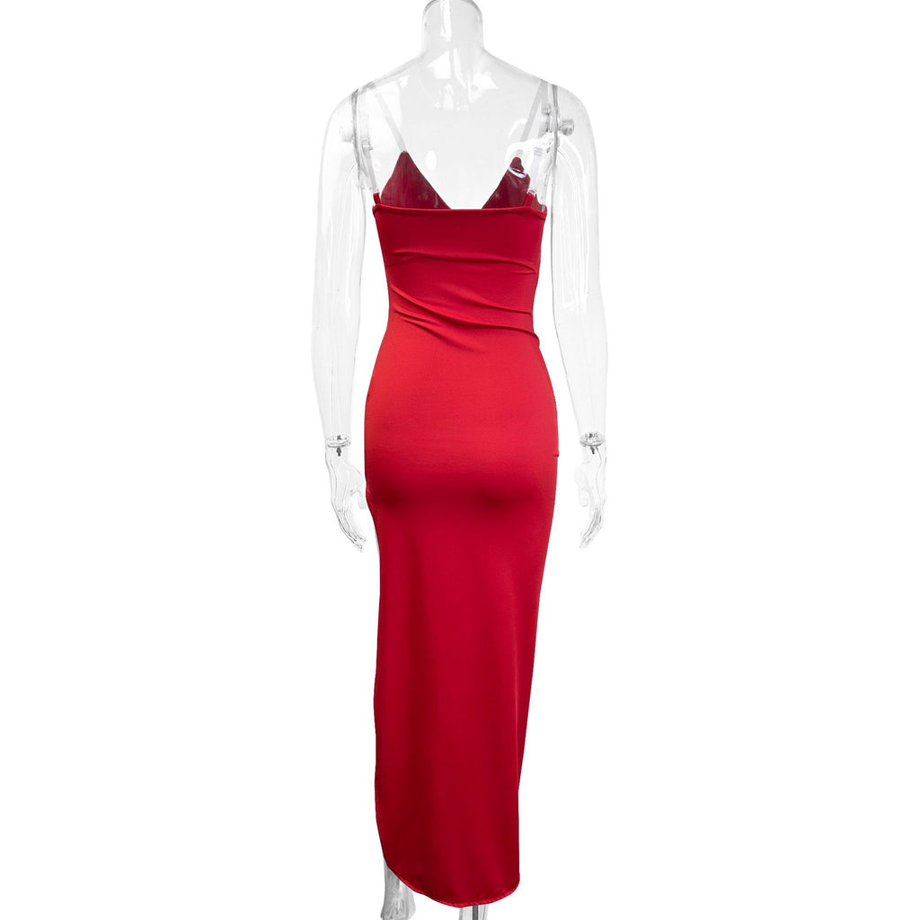 red V-neck backless slit halter dress