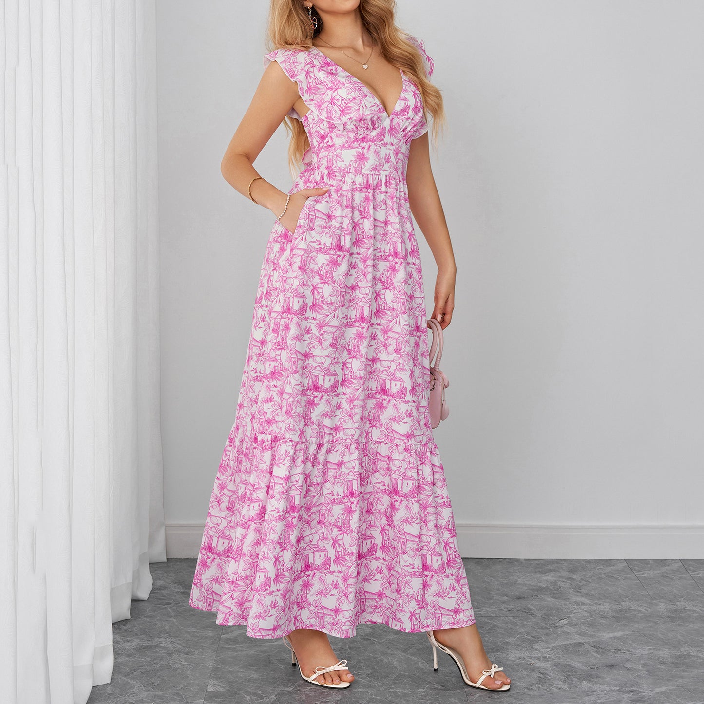 pink printed spaghetti strap V-neck backless tie-up dress