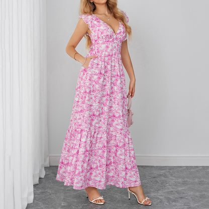 pink printed spaghetti strap V-neck backless tie-up dress