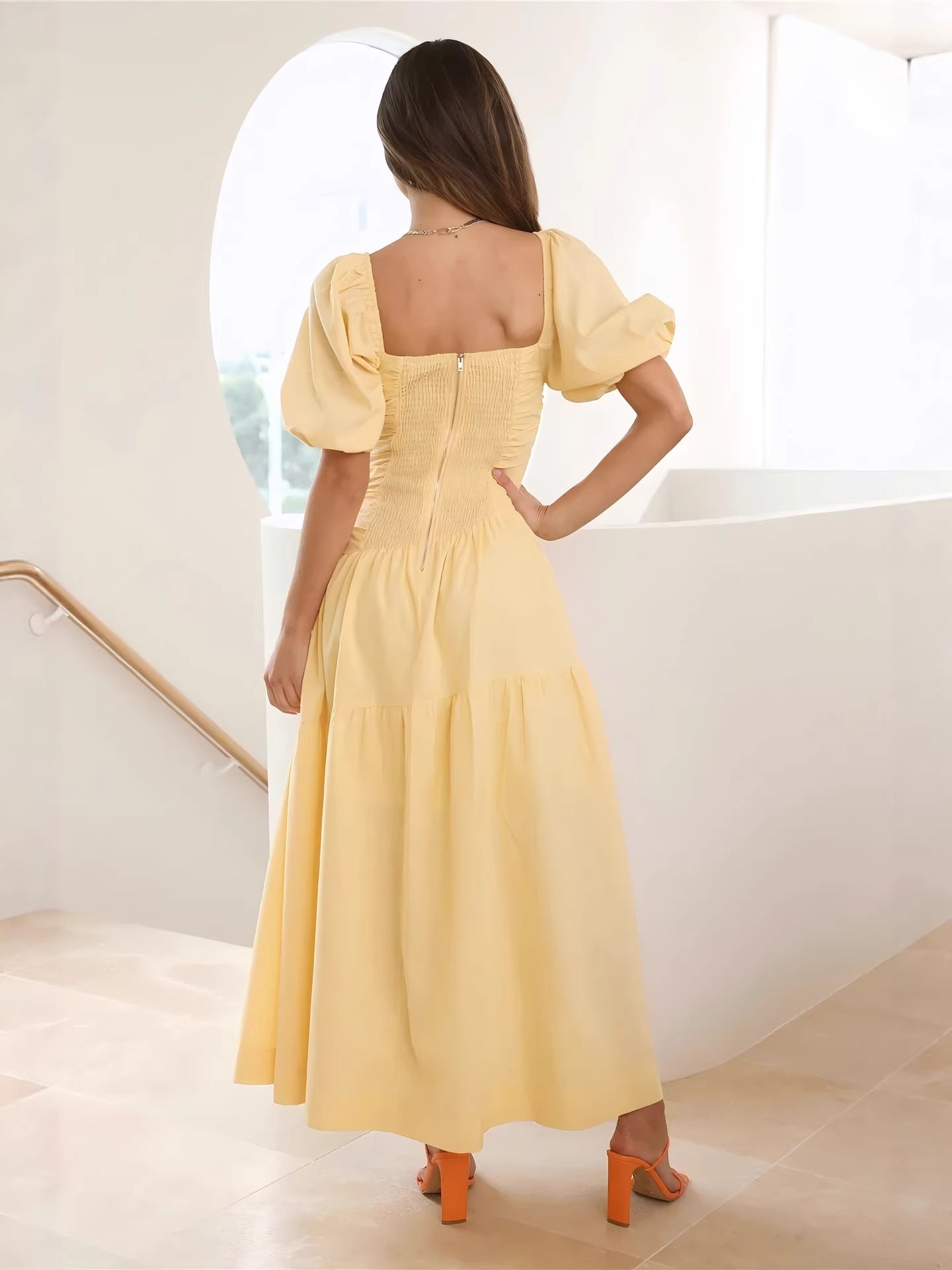 yellow puff sleeve maxi dress