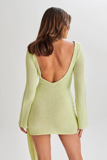 green long sleeve knitted mini dress