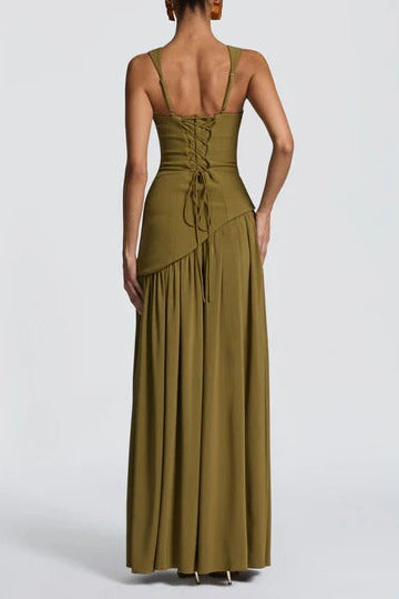 green slim strap open back streamer dress