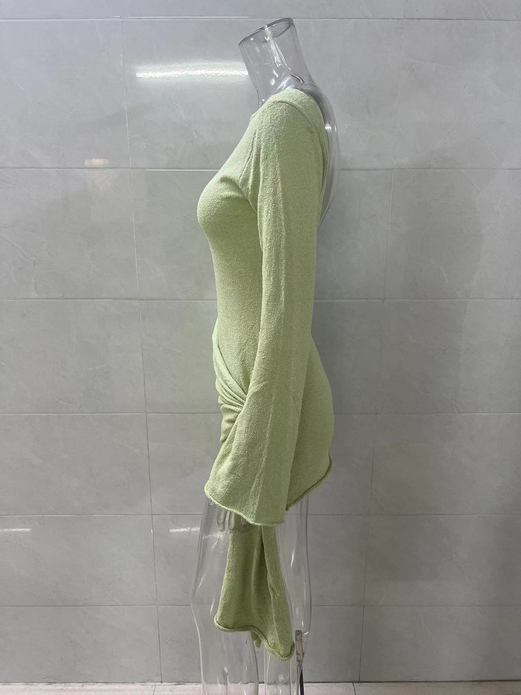 green long sleeve knitted mini dress