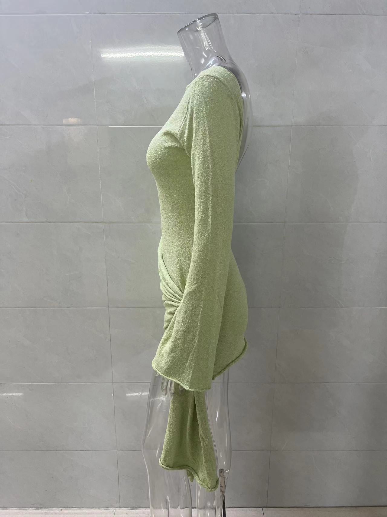 green backless long sleeve knitted mini dress