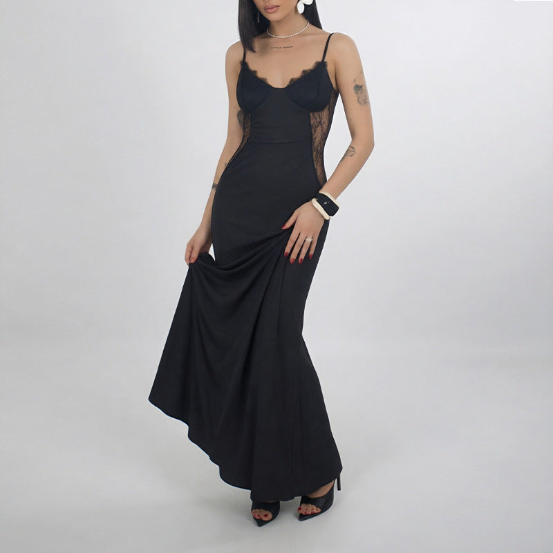 black Lace Suspender Waist Slim Dress