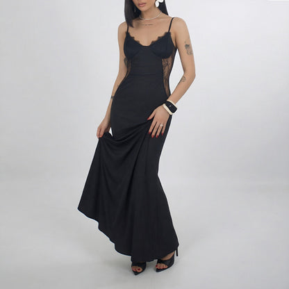 black Lace Suspender Waist Slim Dress