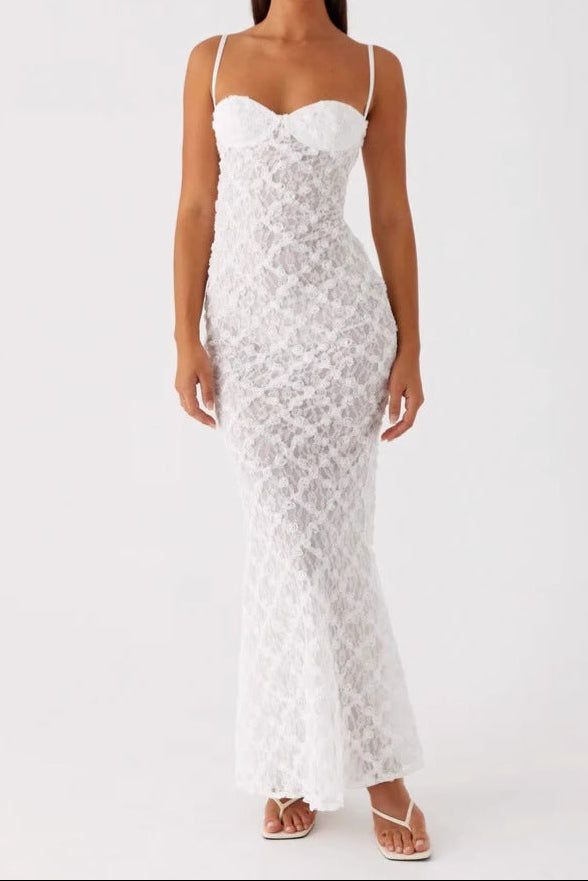 Strapless slip maxi dress with lace trim