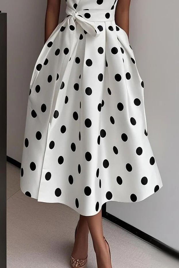 white polka dot strapless maxi dress