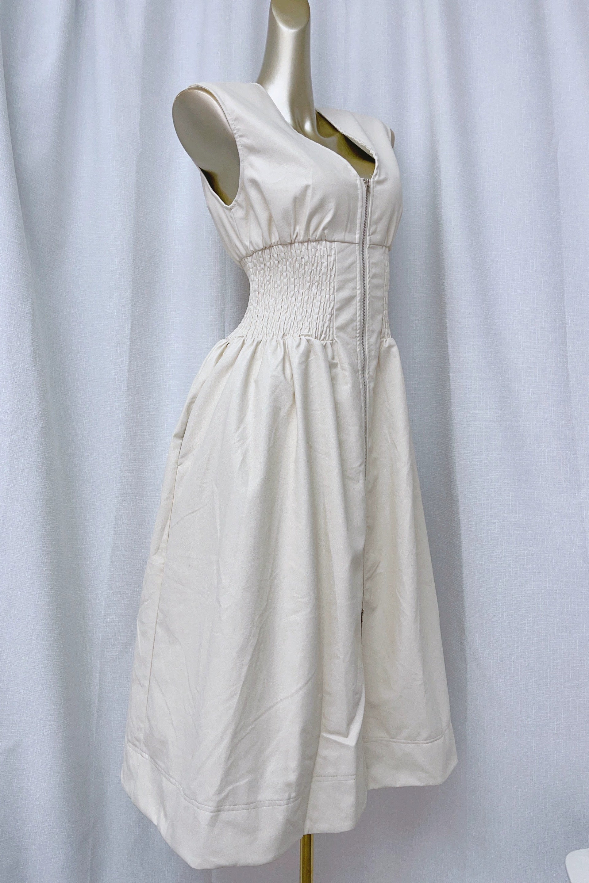 apricot cream stretch waist V-neck shoulder dress