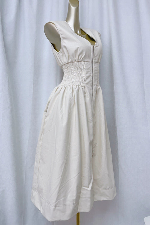 apricot cream stretch waist V-neck shoulder dress