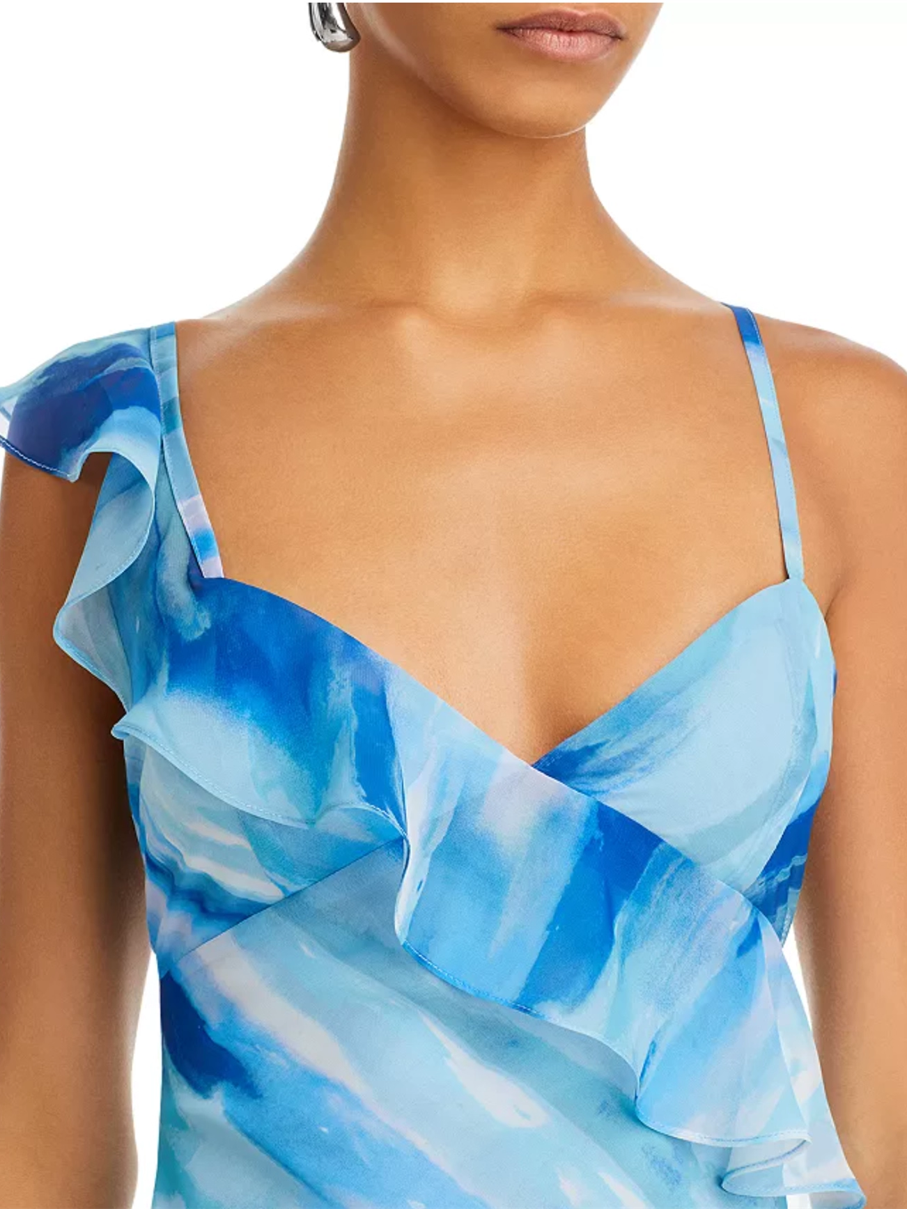 Blue Ocean V-Neck Ruffle Suspender Side Slit Dress