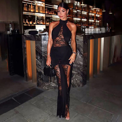 black slit lace spliced halterneck backless dress