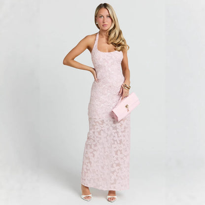 pink sequin strap sleeveless banquet dress