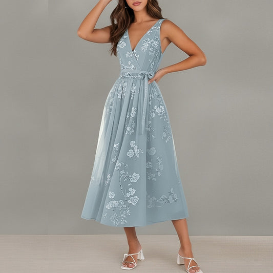 light blue V-Neck Print Lace-up Sleeveless Dress
