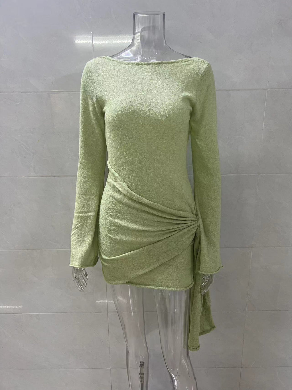 green long sleeve knitted mini dress