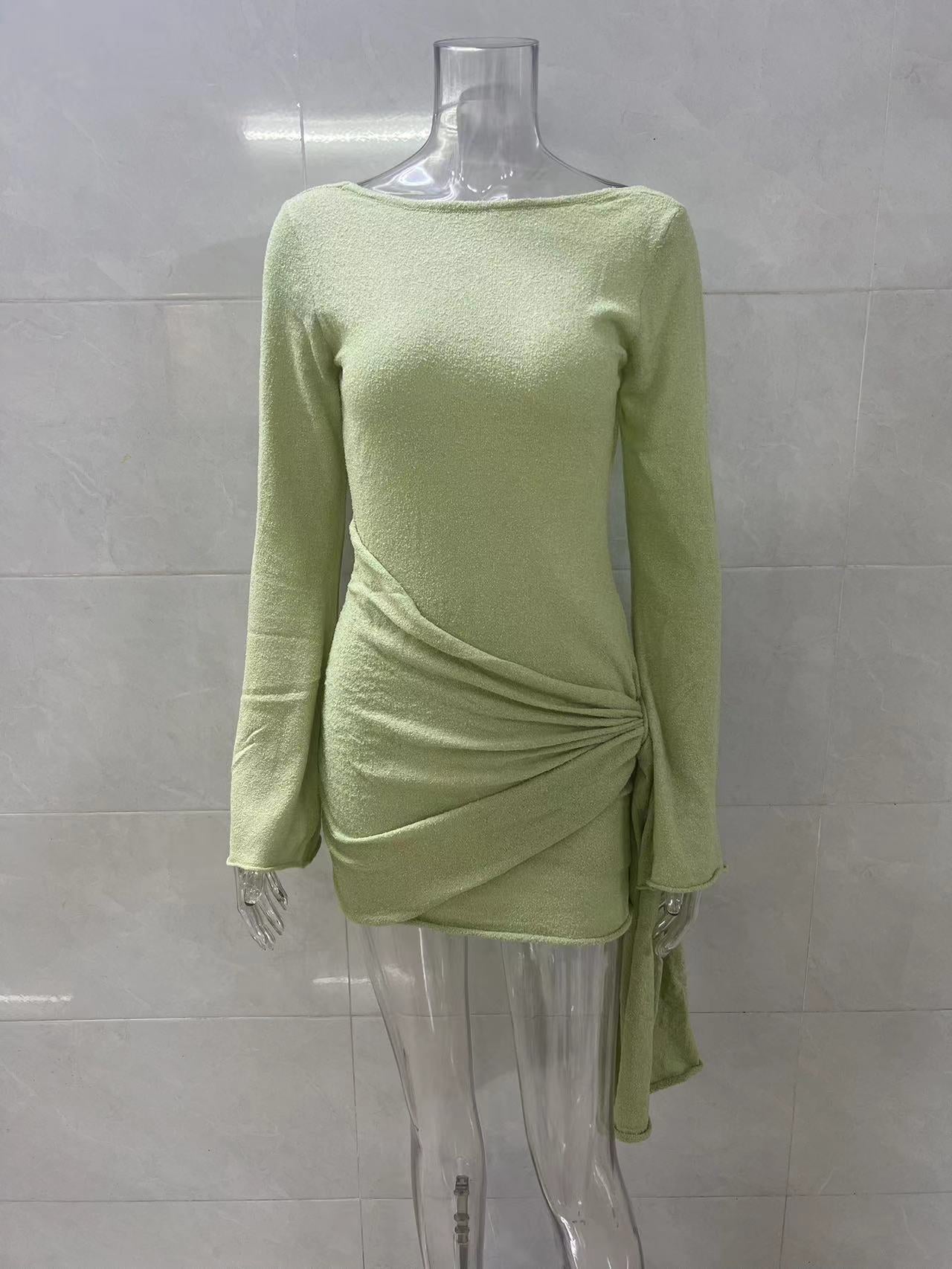 green long sleeve knitted mini dress