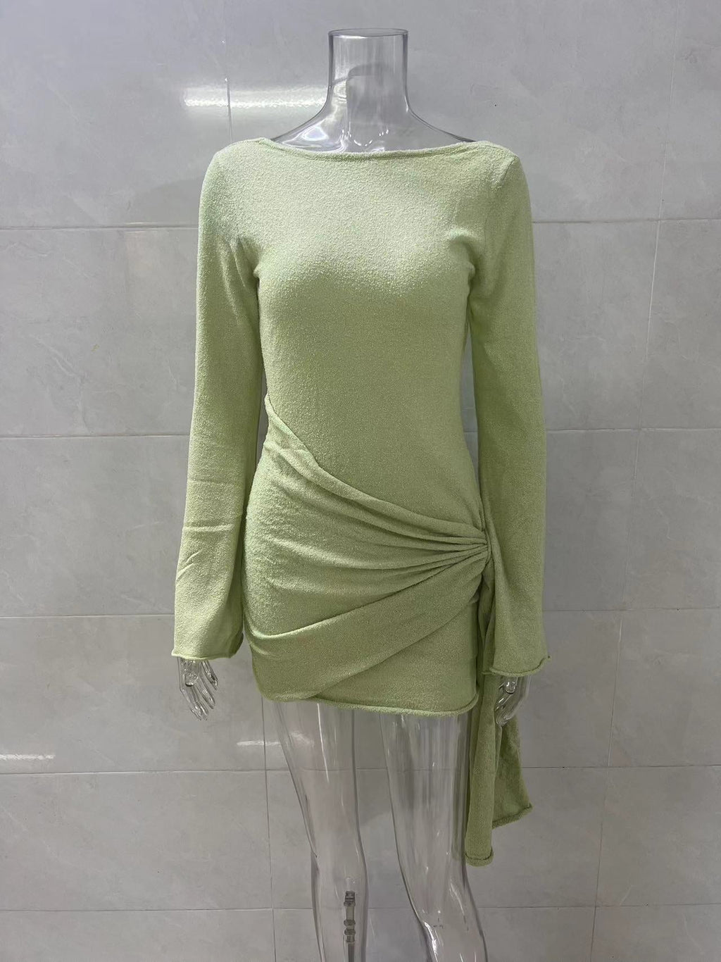 green backless long sleeve knitted mini dress