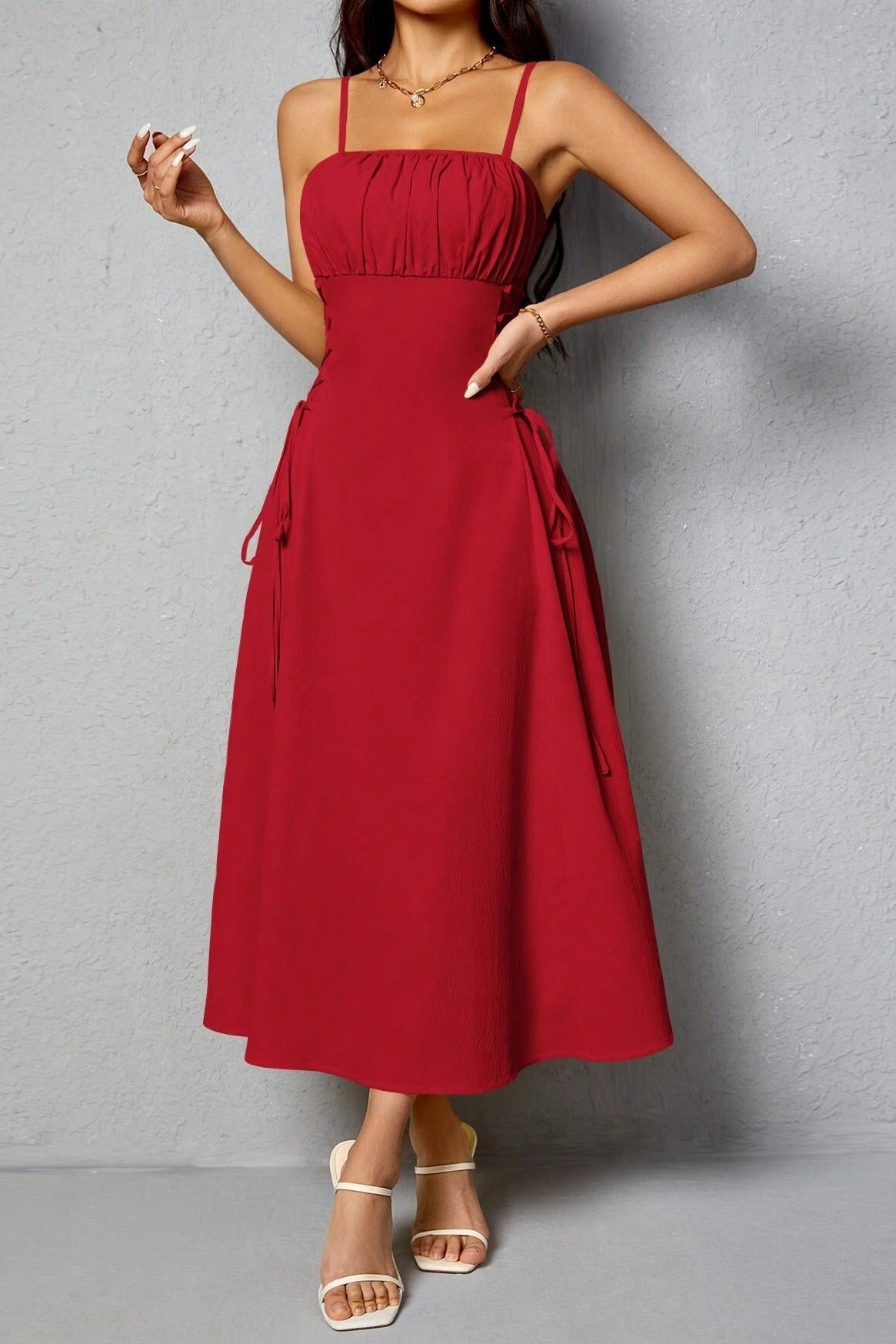 red Tie-up sleeveless suspender dress