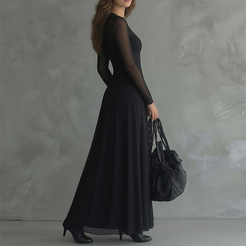 black Lace Splicing Slim maxi Dress