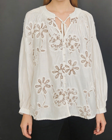 lower embroidery versatile stand-up collar long sleeve shirt