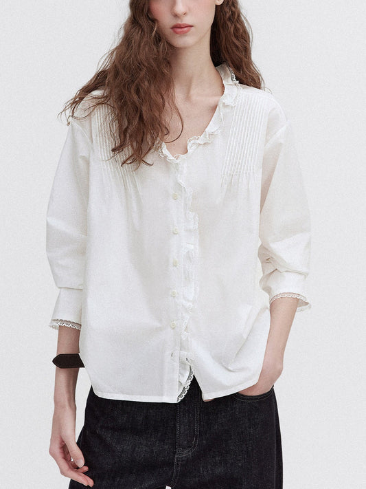 Ruffled lace trim deep V-neck shirt