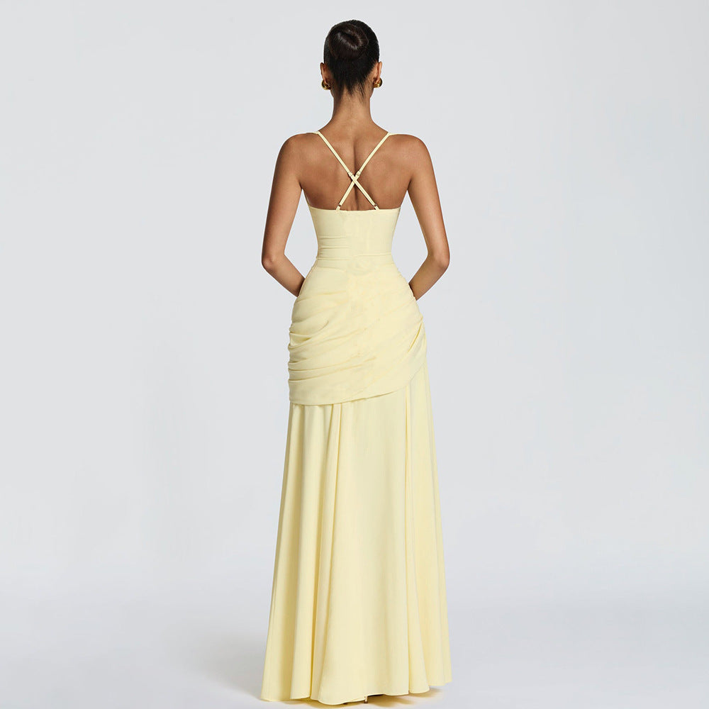 yellow low-cut camisole open back mermaid dress