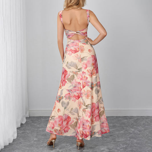 pink mesh print slip backless dress