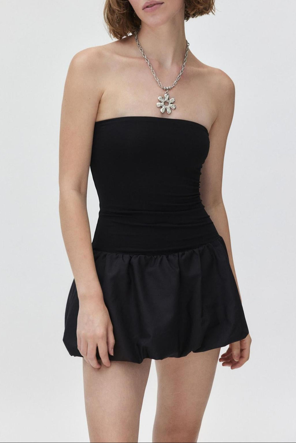 black Strapless bodycon puff mini dress