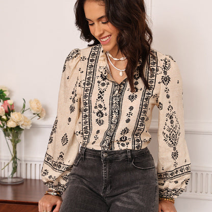 bohemian print shir stand-up collar fungus edge