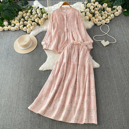 Summer Embroidered Floral Round Neck Pleated Long Sleeve Shirt Two-Piece Set