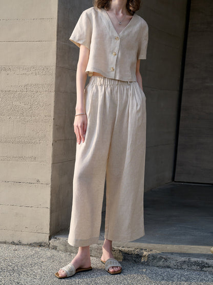 Linen cropped V-neck shirt for summer
