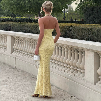 yellow lace spliced open back suspender dress