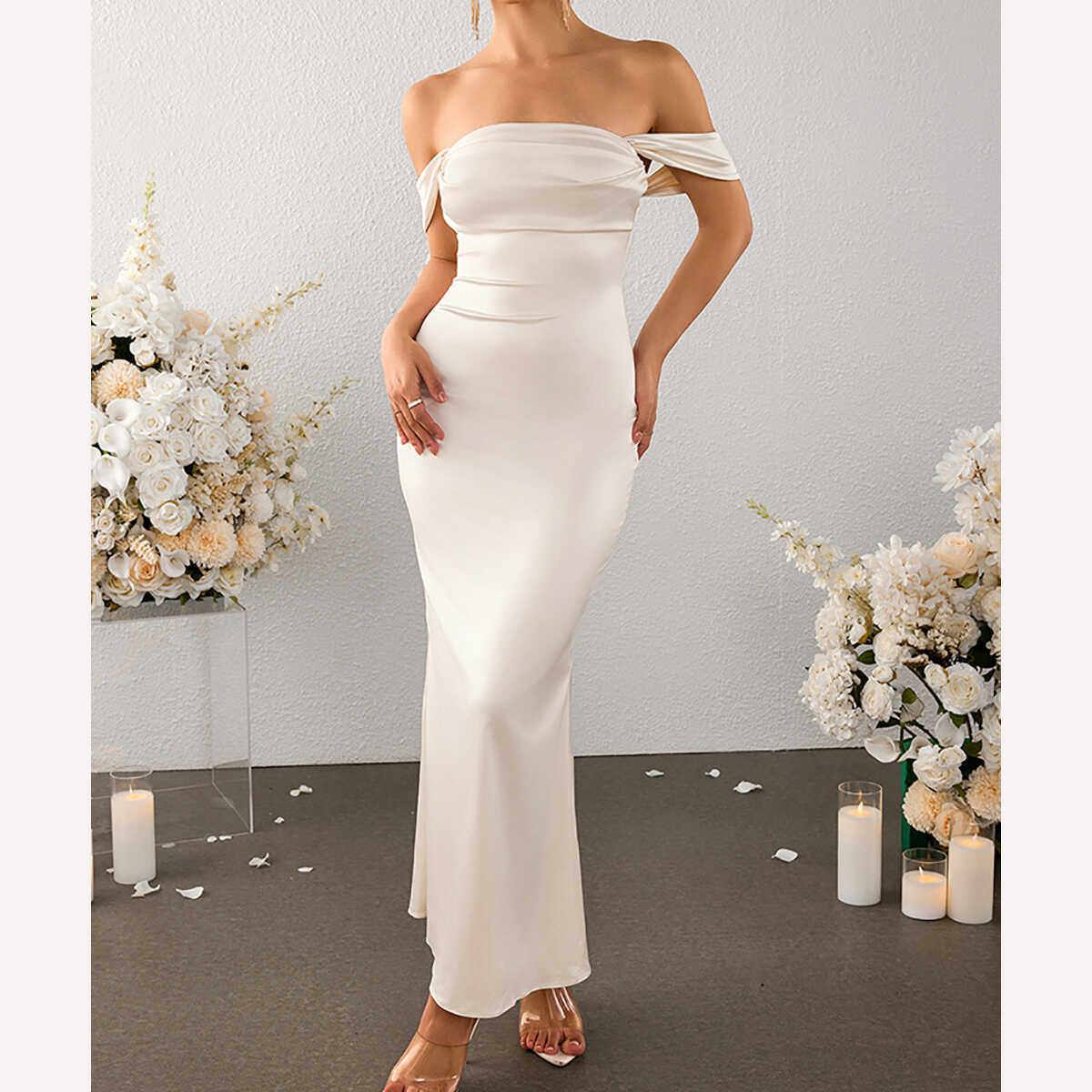 apricot one-shoulder satin maxi dress