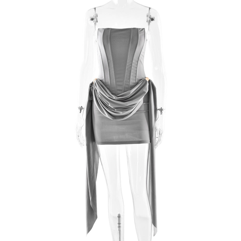 grey open back bandeau streamer mini dress
